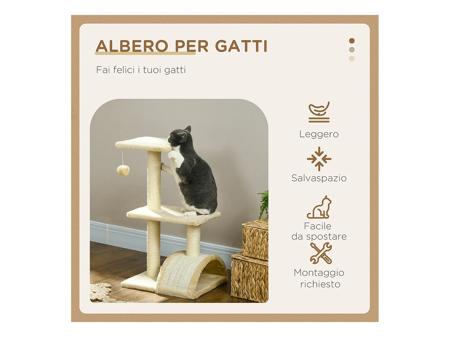 Albero per gatti a 3 livelli con tappetino tiragraffi e pallina crema