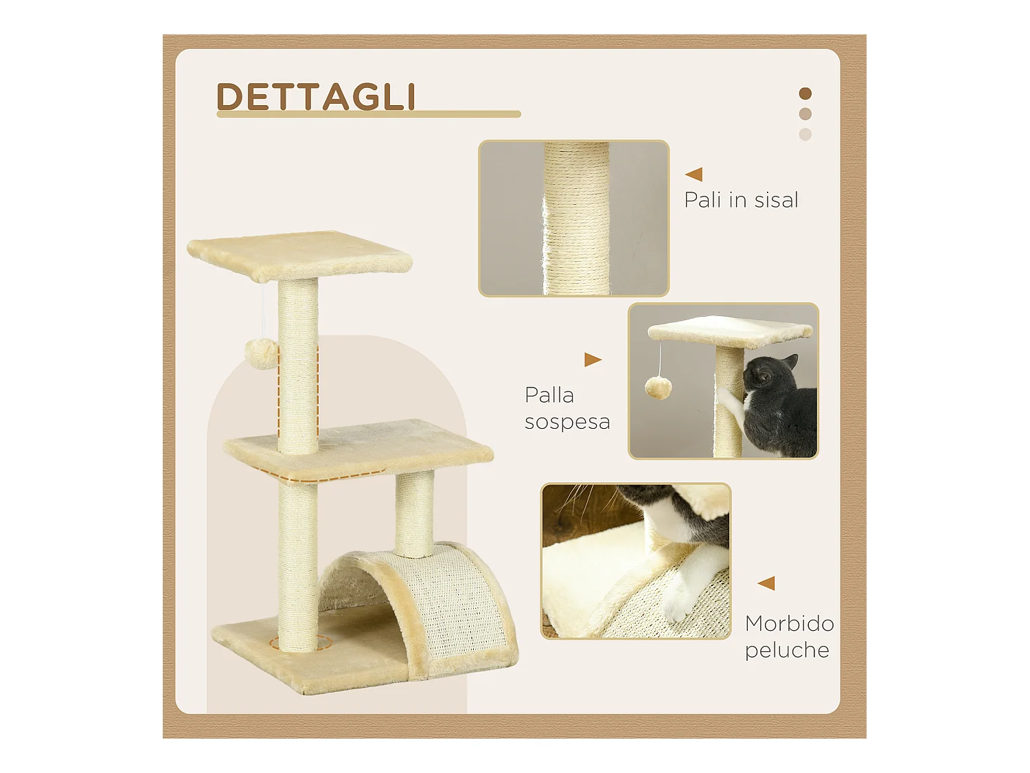 Albero per gatti a 3 livelli con tappetino tiragraffi e pallina crema