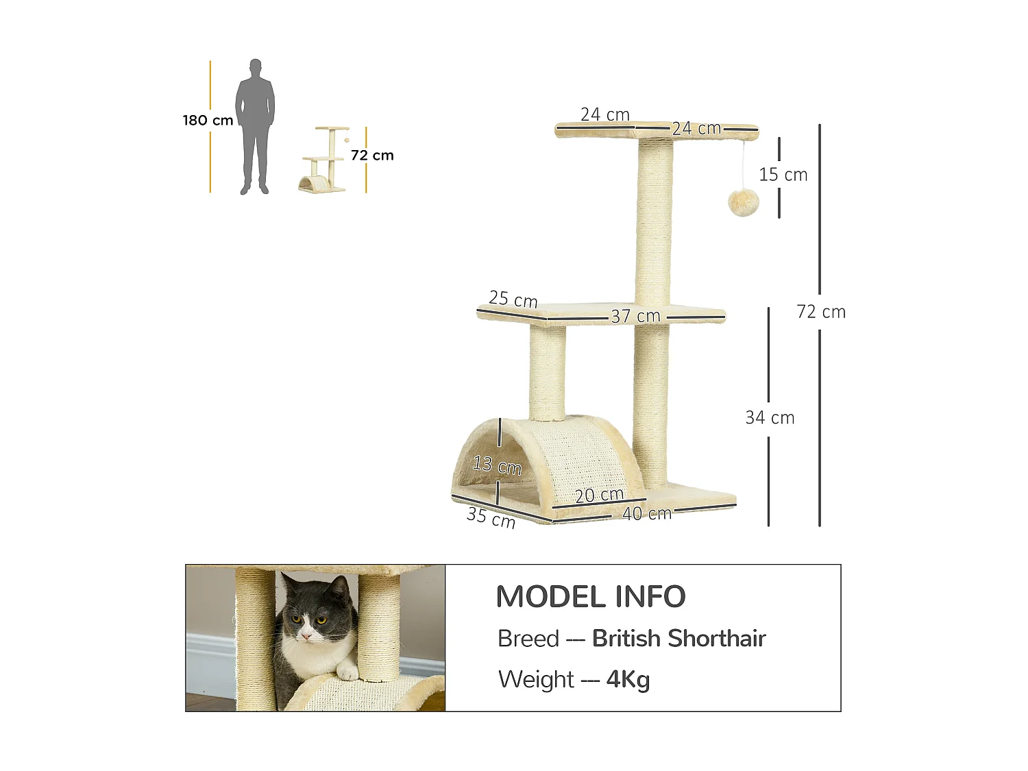 Albero per gatti a 3 livelli con tappetino tiragraffi e pallina crema