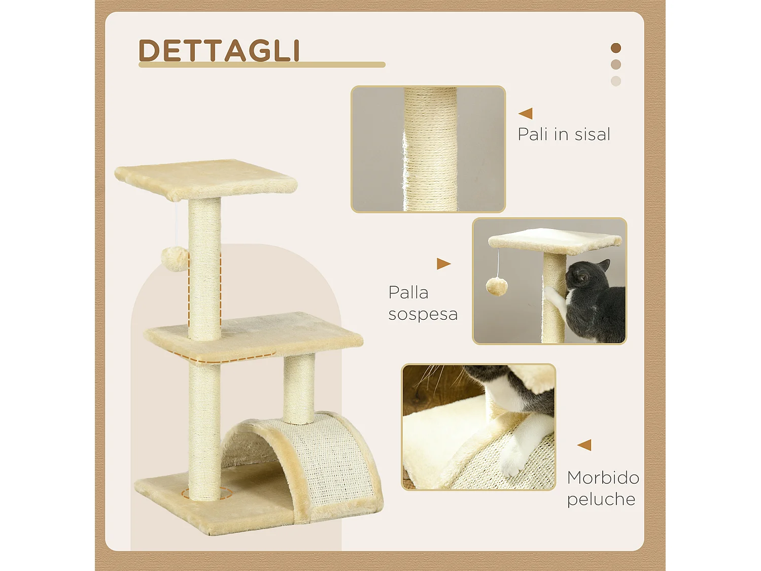 Albero per gatti a 3 livelli con tappetino tiragraffi e pallina crema