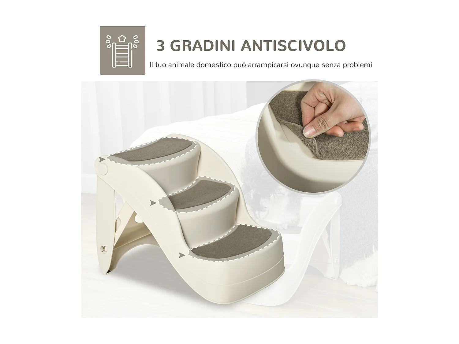 Scaletta per cani pieghevole con 3 gradini antiscivolo in pp beige