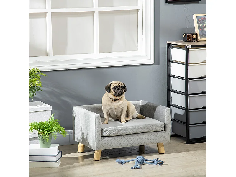 Divano per cani e gatti con cuscino imbottito in velluto e legno grigio