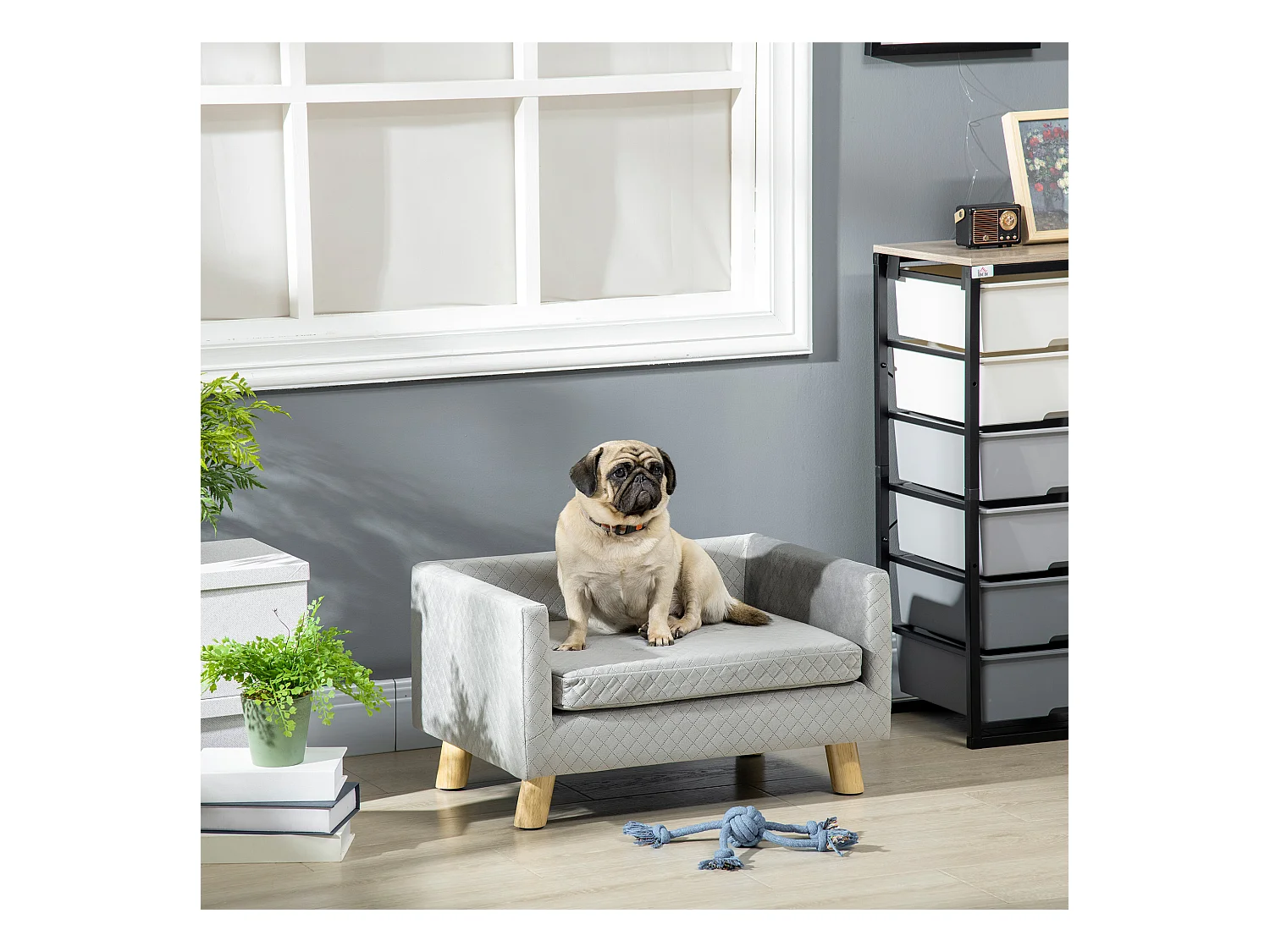 Divano per cani e gatti con cuscino imbottito in velluto e legno grigio