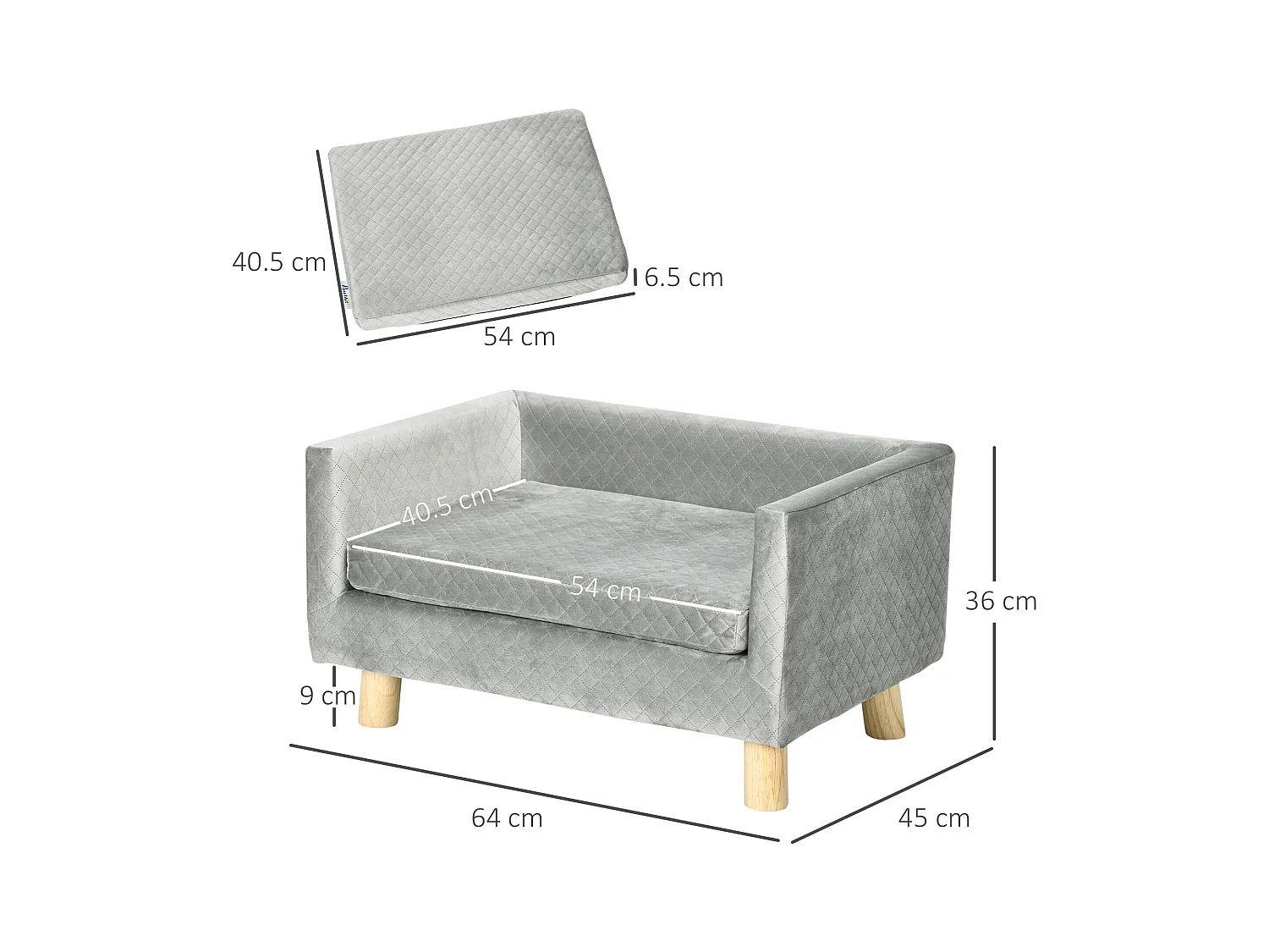 Divano per cani e gatti con cuscino imbottito in velluto e legno grigio