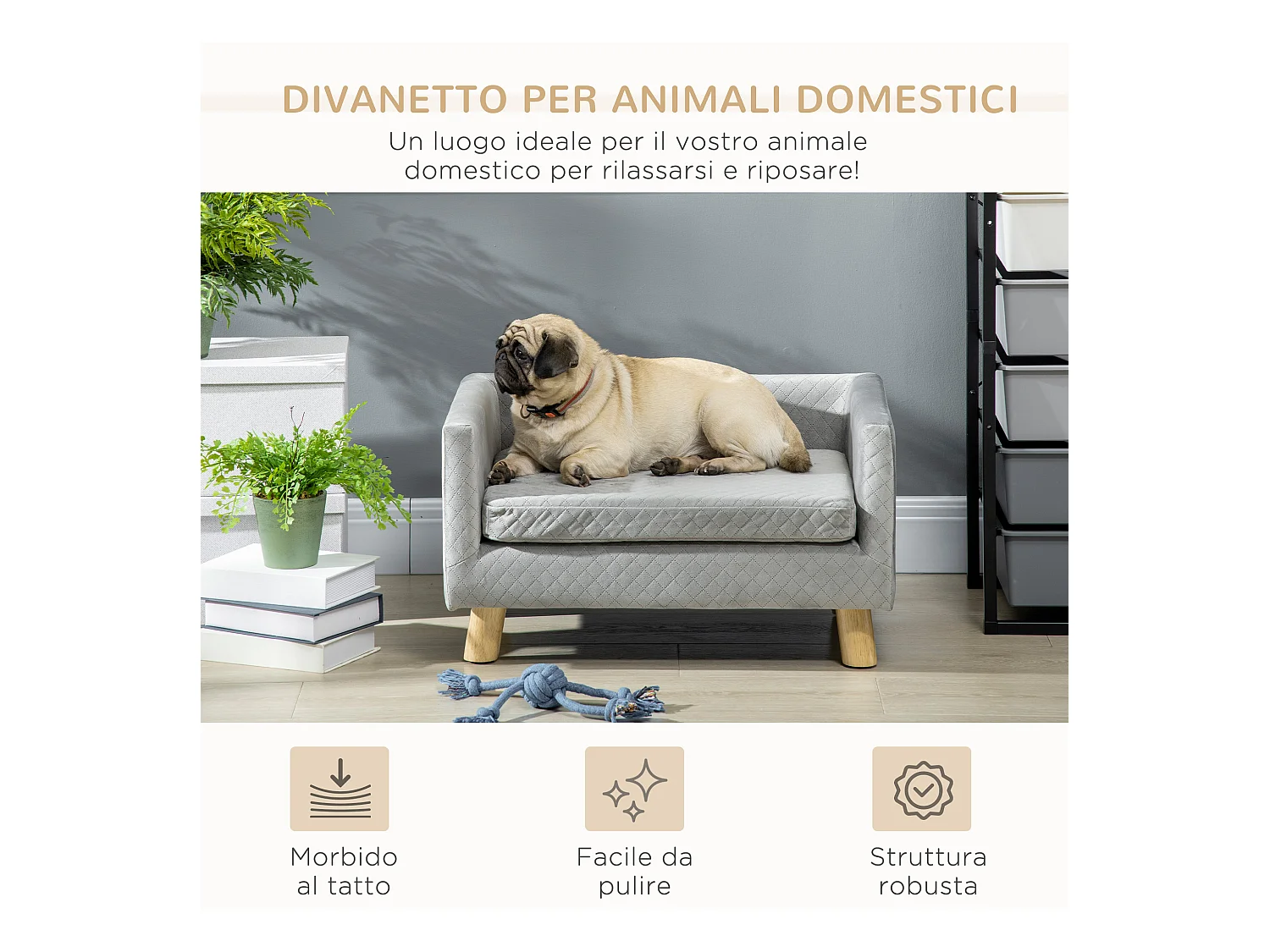 Divano per cani e gatti con cuscino imbottito in velluto e legno grigio