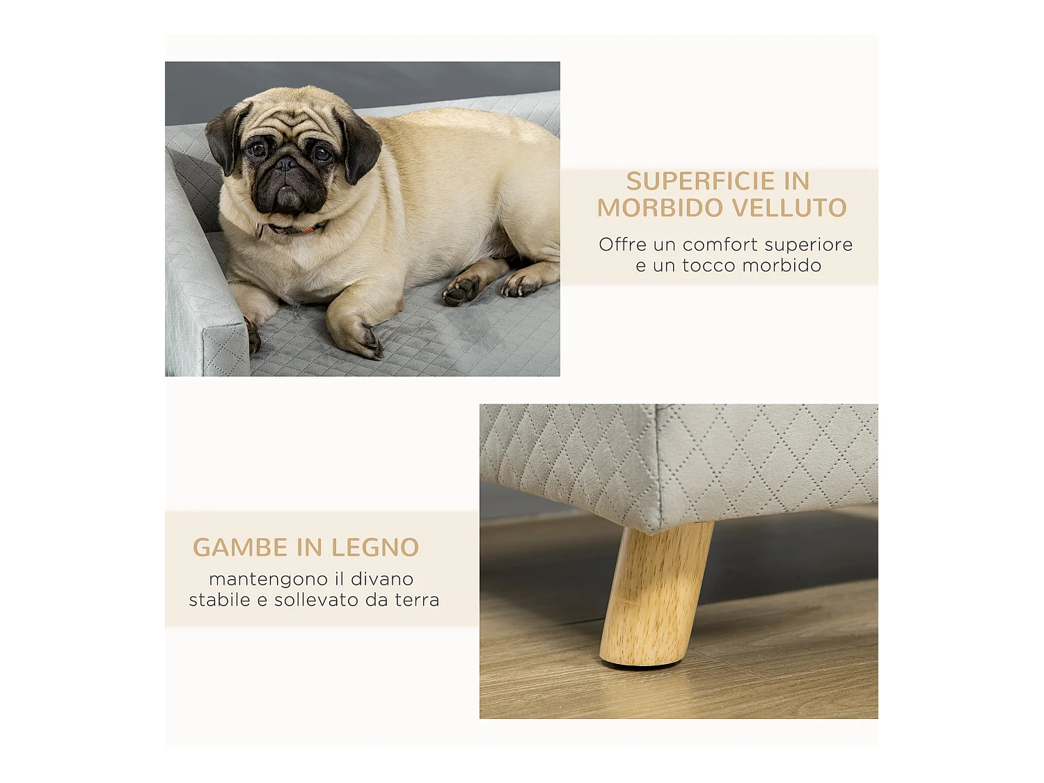 Divano per cani e gatti con cuscino imbottito in velluto e legno grigio
