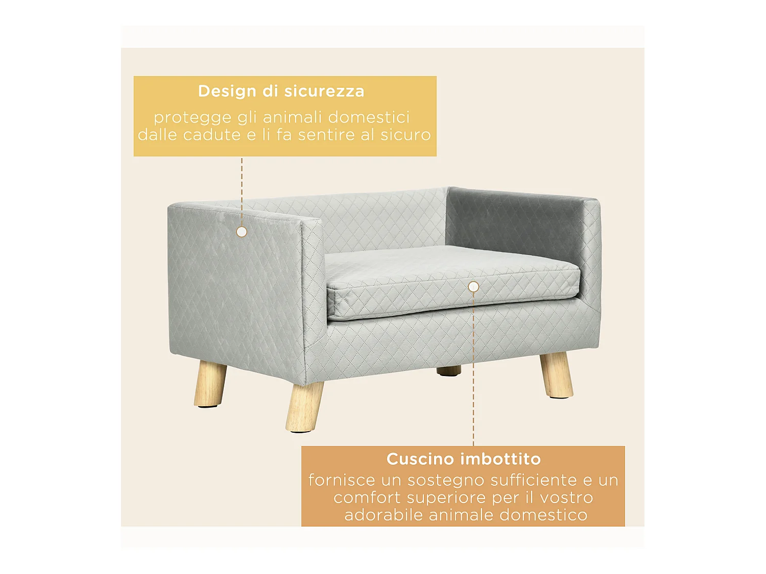 Divano per cani e gatti con cuscino imbottito in velluto e legno grigio