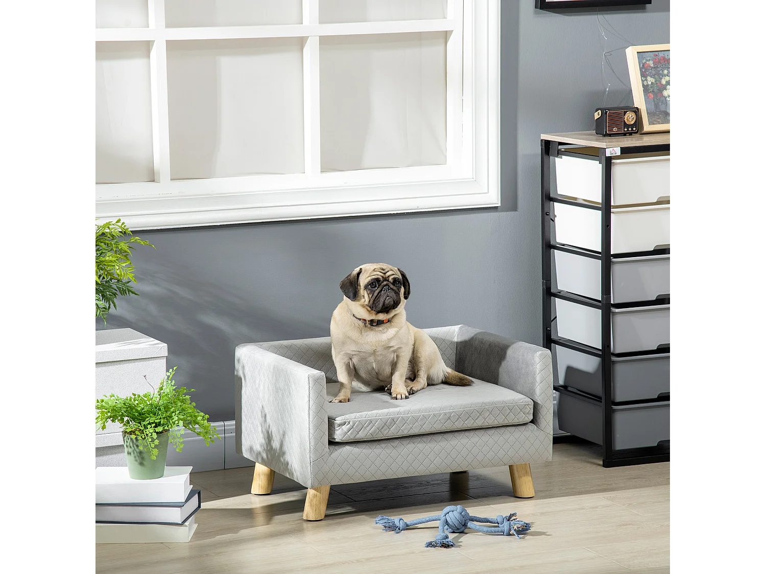 Divano per cani e gatti con cuscino imbottito in velluto e legno grigio