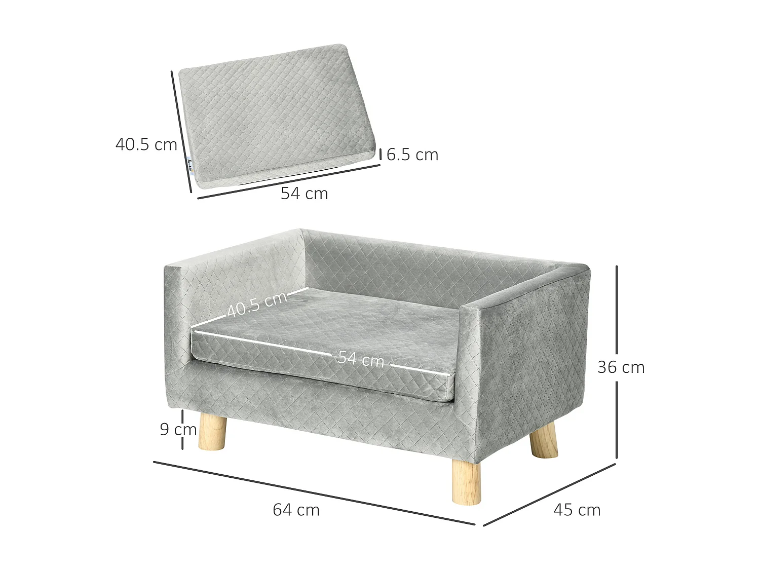 Divano per cani e gatti con cuscino imbottito in velluto e legno grigio