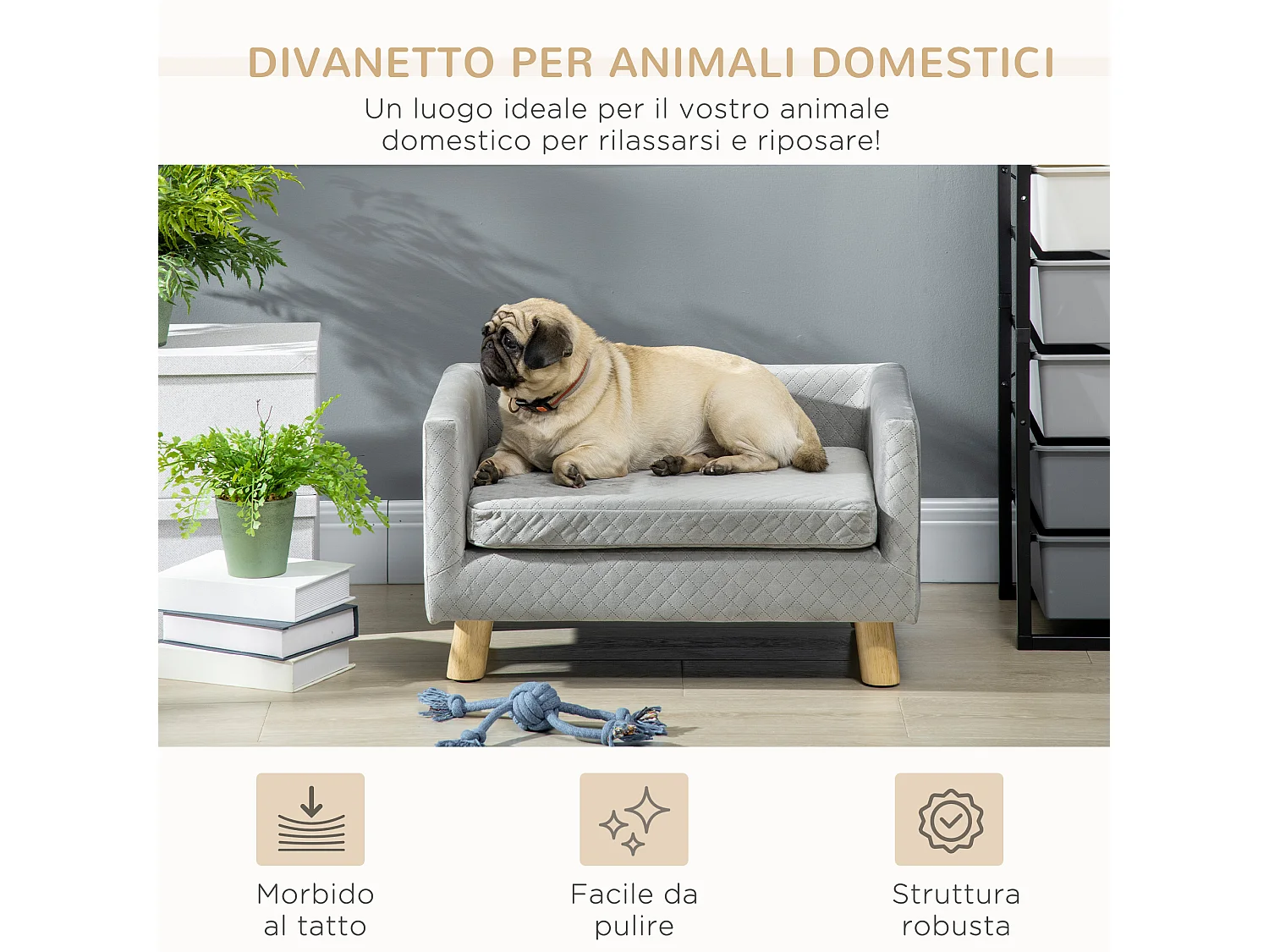 Divano per cani e gatti con cuscino imbottito in velluto e legno grigio