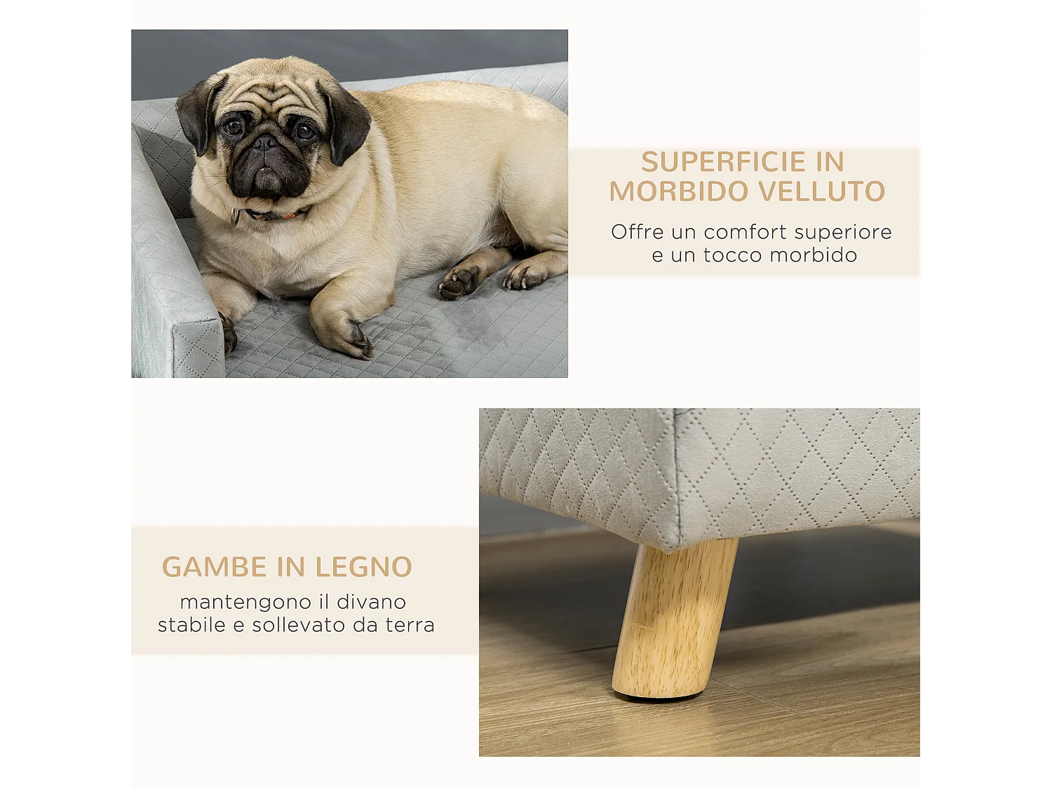 Divano per cani e gatti con cuscino imbottito in velluto e legno grigio