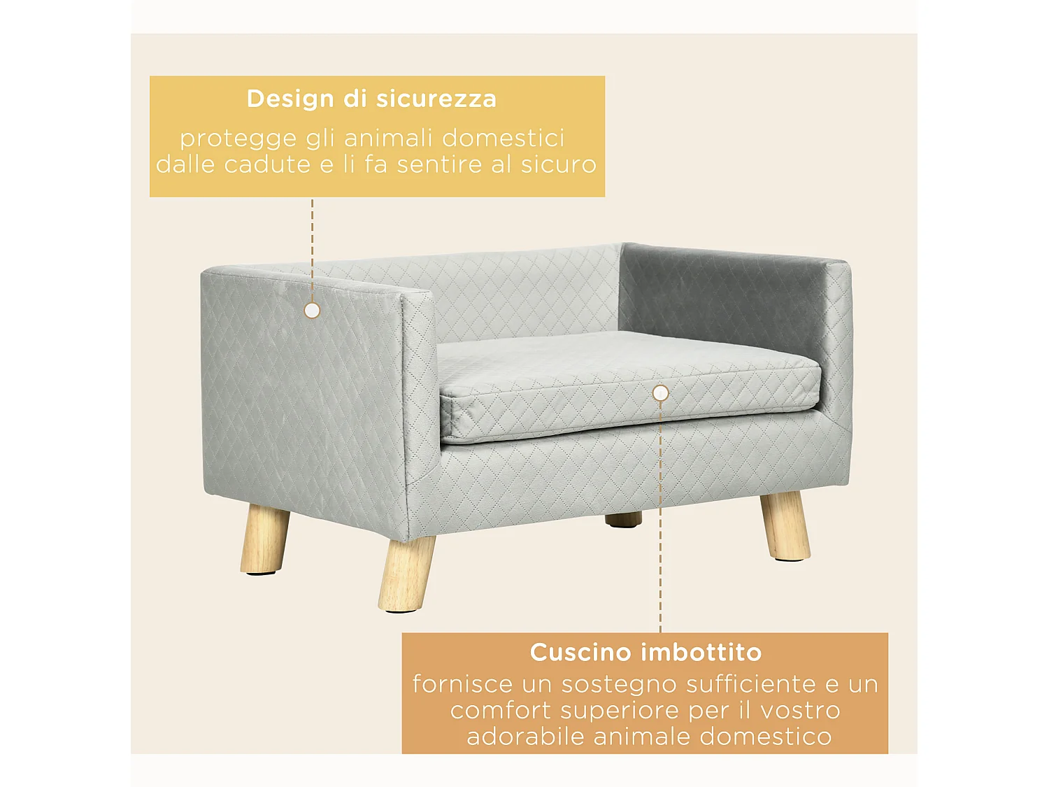 Divano per cani e gatti con cuscino imbottito in velluto e legno grigio