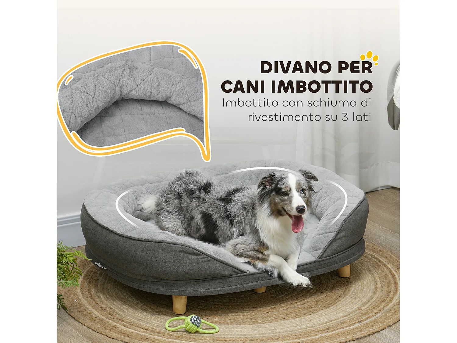 Cuccia per cani taglia grande e media fino 25kg con imbottitura grigio