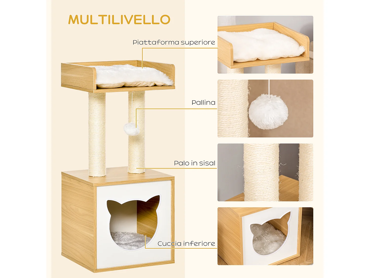 Casetta per gatti con pali tiragraffi in sisal cuscini lavabili e pallina