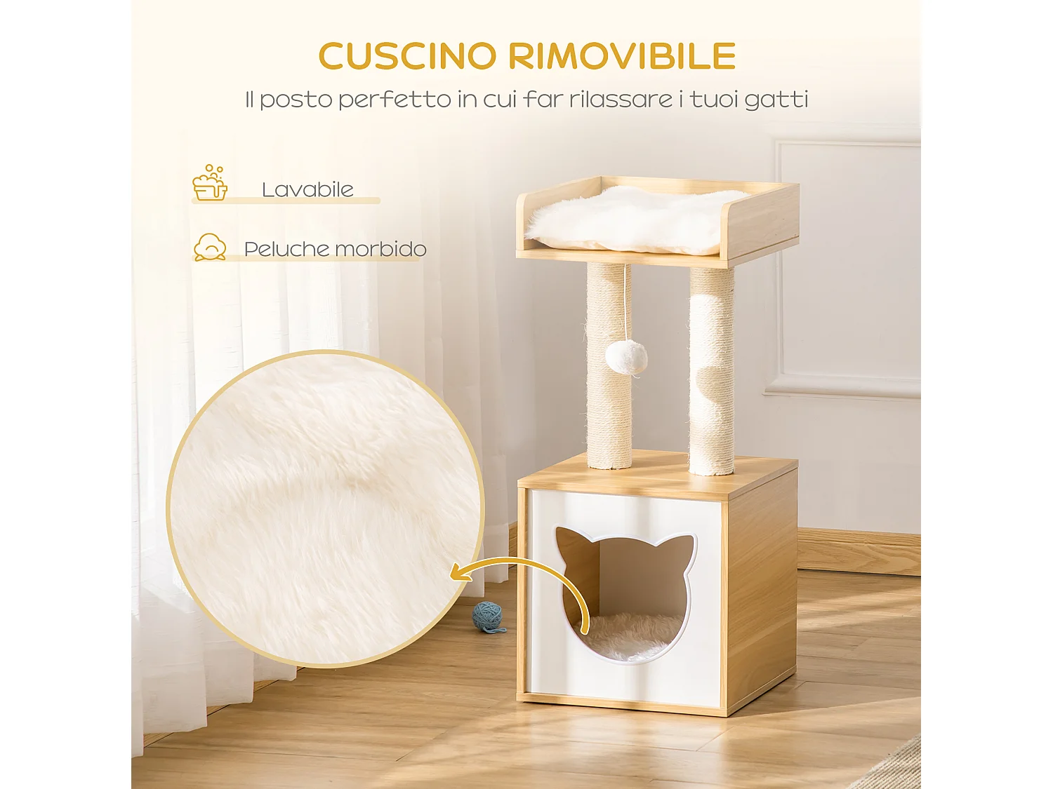 Casetta per gatti con pali tiragraffi in sisal cuscini lavabili e pallina