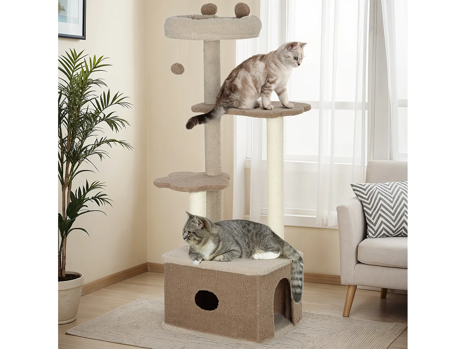 Albero tiragraffi per gatti con lettino, casetta e piattaforme marrone