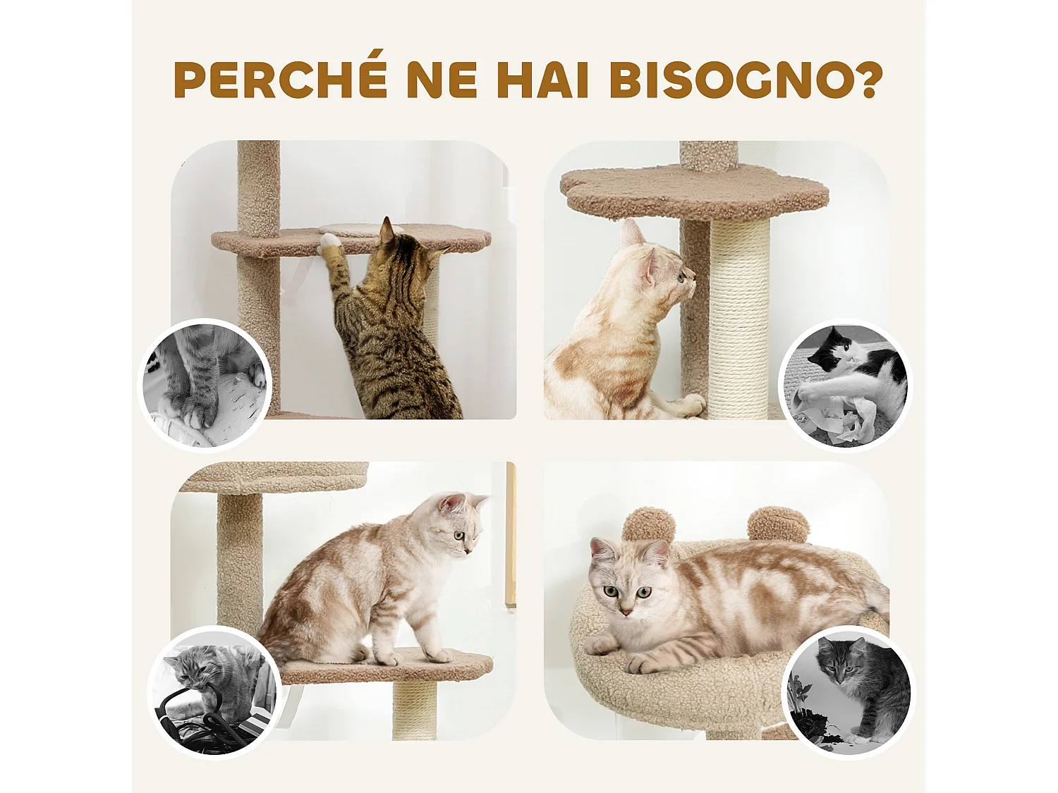 Albero tiragraffi per gatti con lettino, casetta e piattaforme marrone