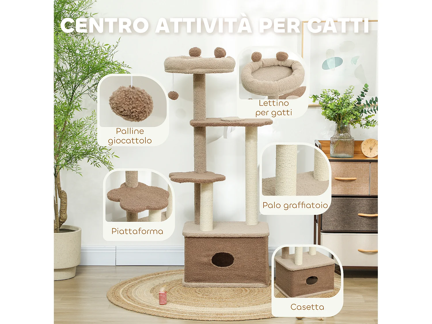 Albero tiragraffi per gatti con lettino, casetta e piattaforme marrone
