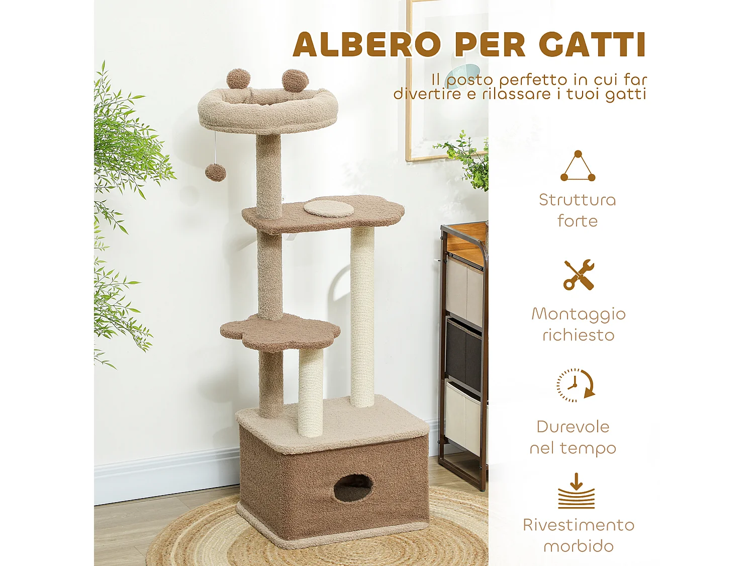 Albero tiragraffi per gatti con lettino, casetta e piattaforme marrone