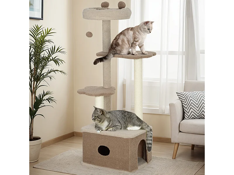 Albero tiragraffi per gatti con lettino, casetta e piattaforme marrone