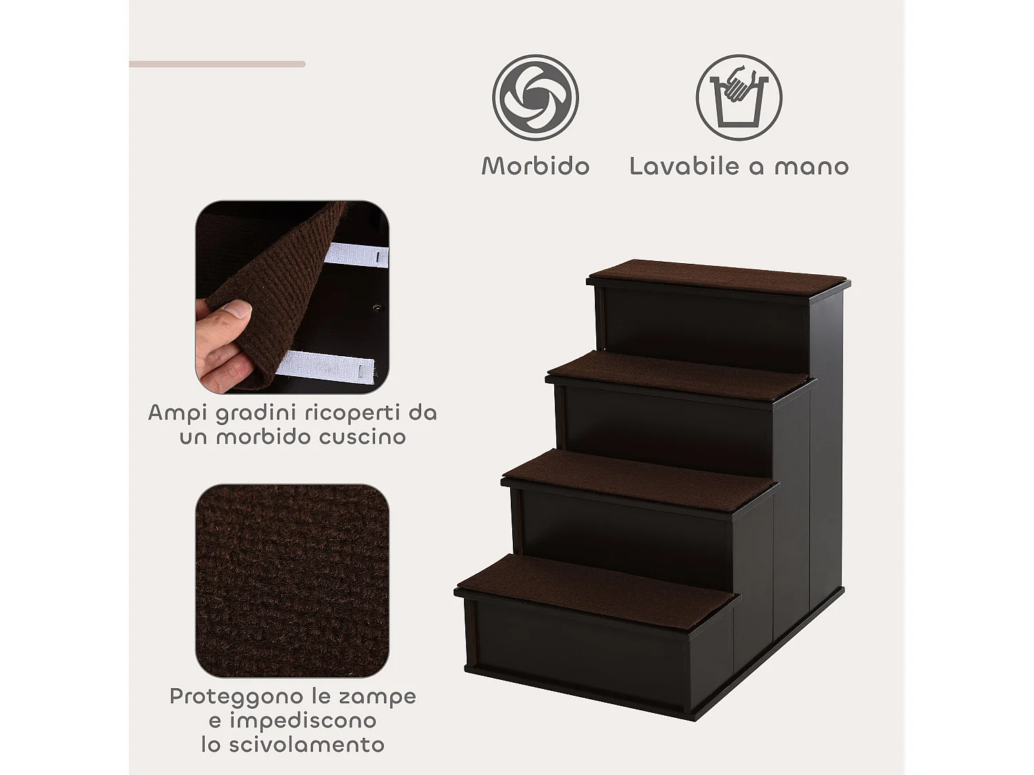 Scaletta per cani e gatti 4 scalini con cuscini rimovibili marrone
