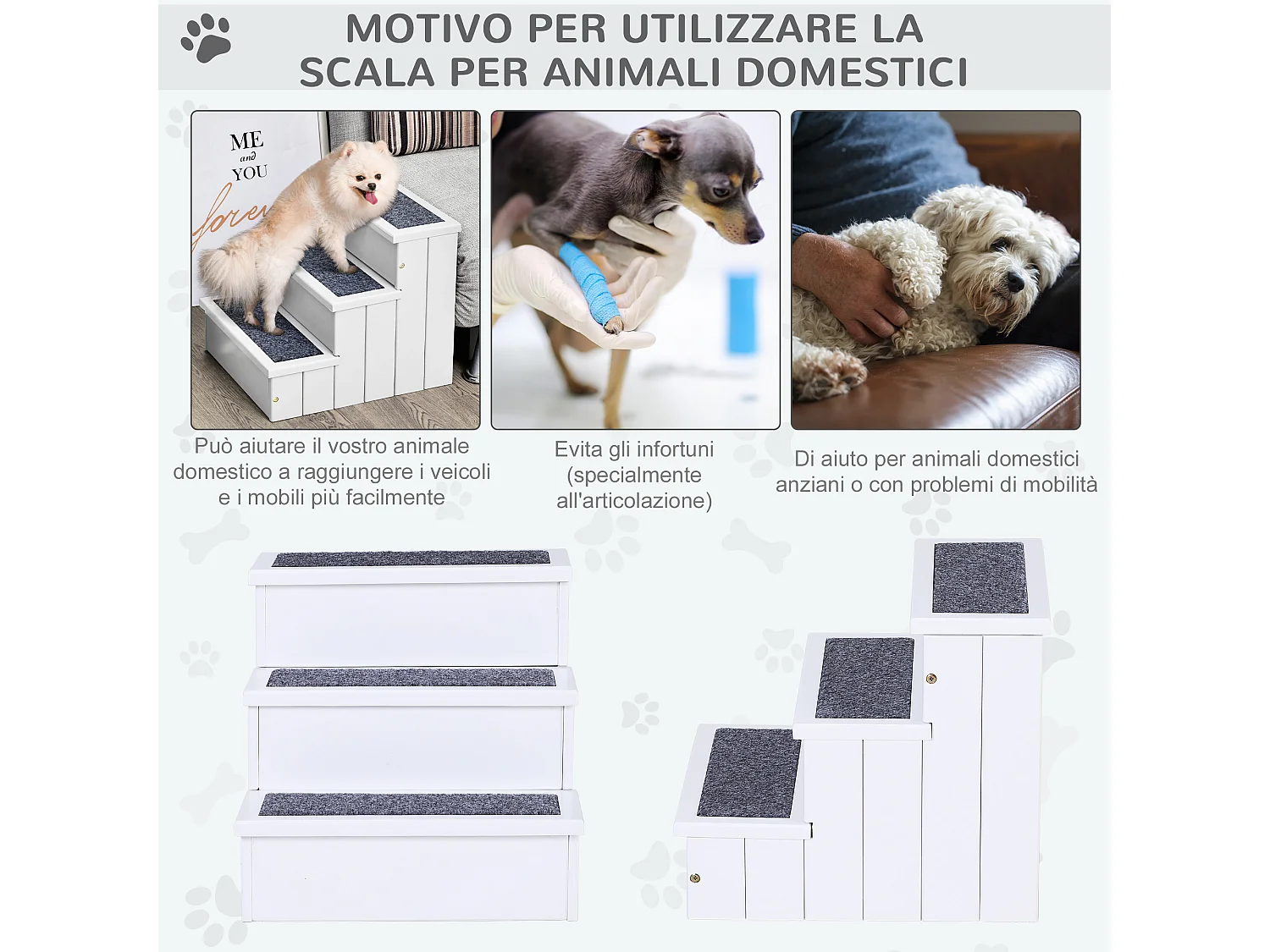 Scaletta per cani 3 gradini con tappetino antiscivolo e spazio interno