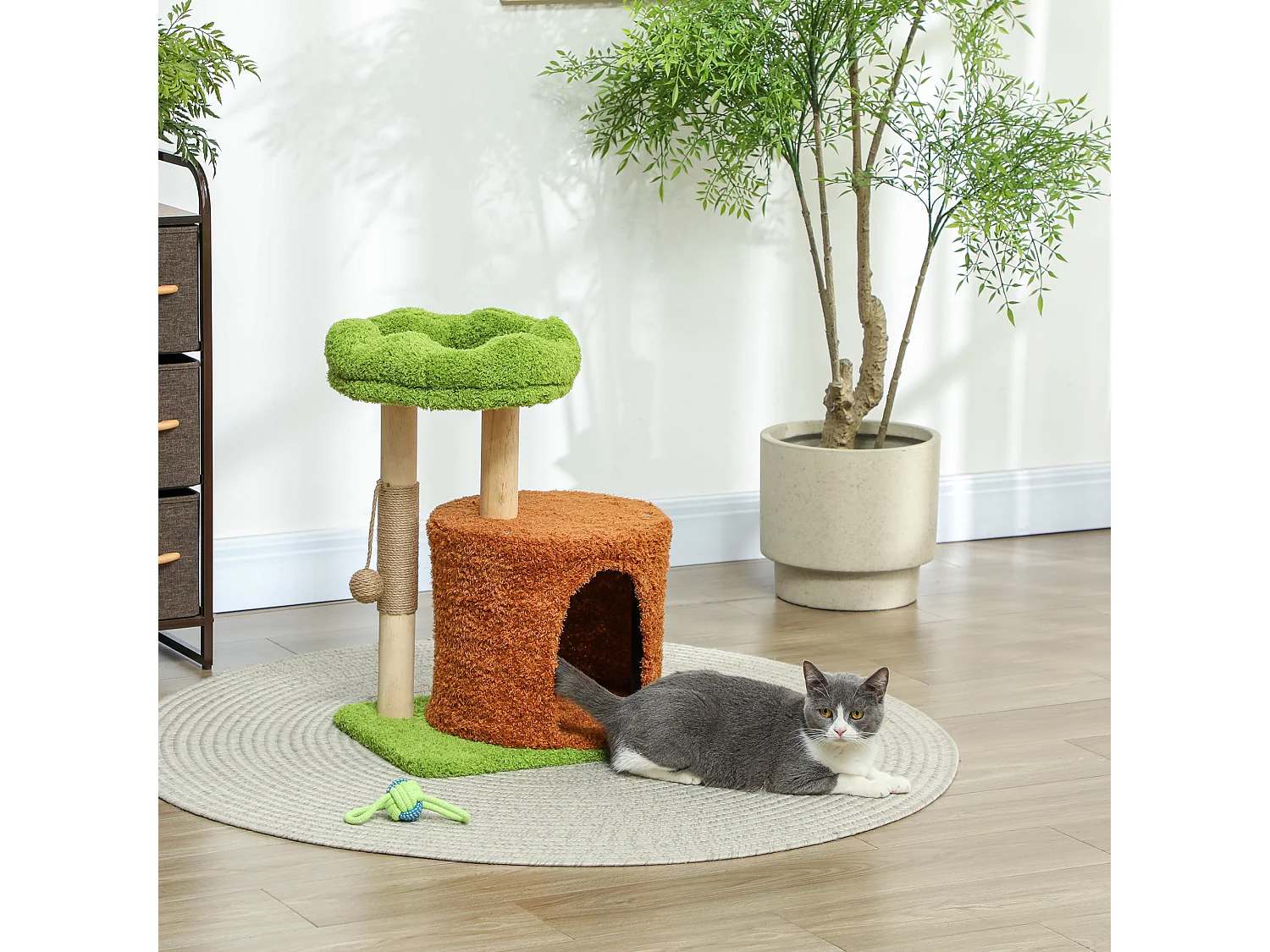 Albero tiragraffi per gatti con casetta, lettino e pallina verde