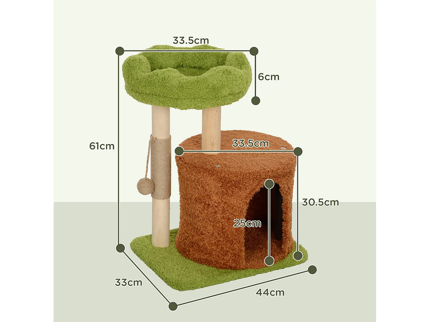 Albero tiragraffi per gatti con casetta, lettino e pallina verde