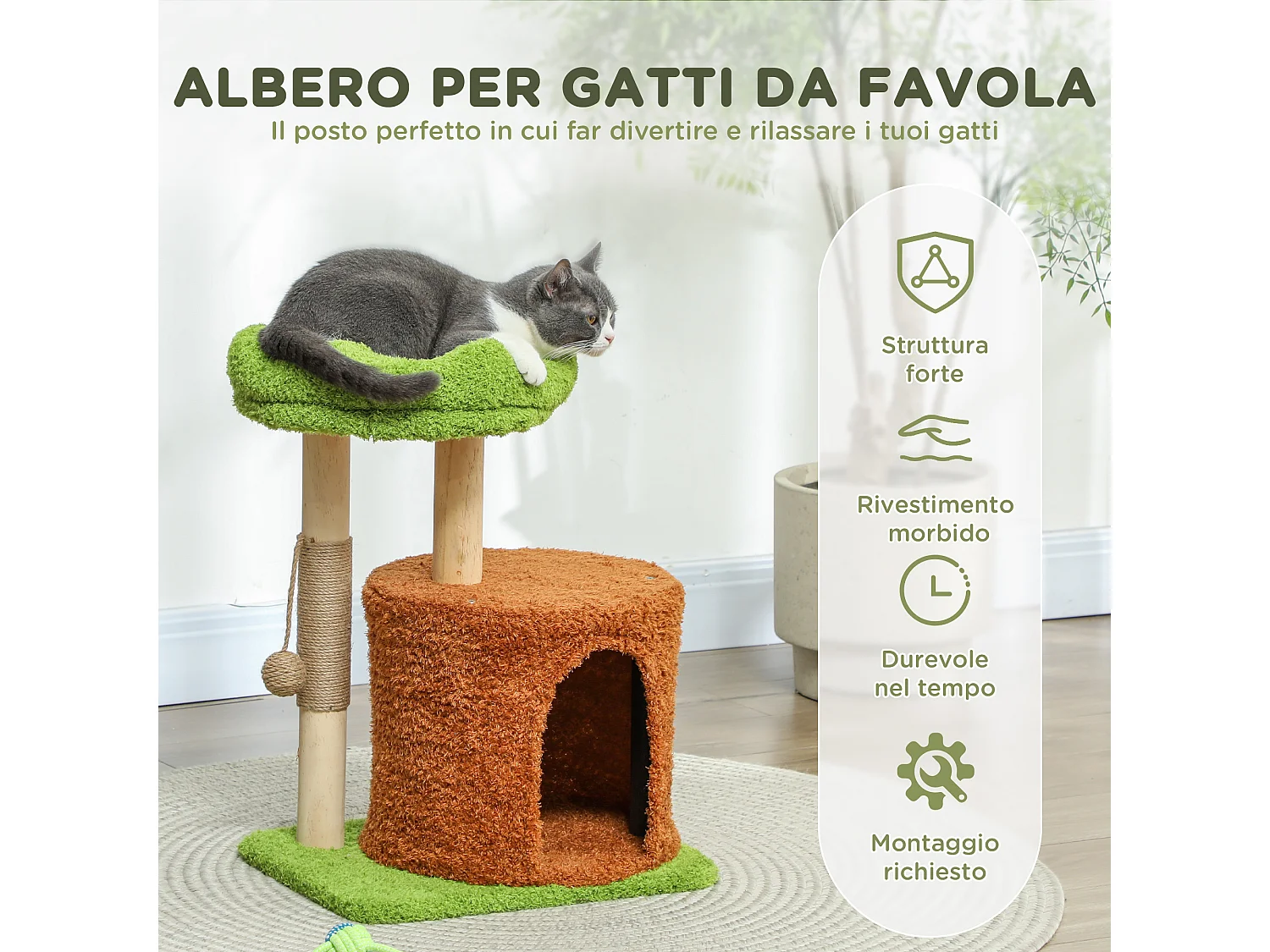 Albero tiragraffi per gatti con casetta, lettino e pallina verde