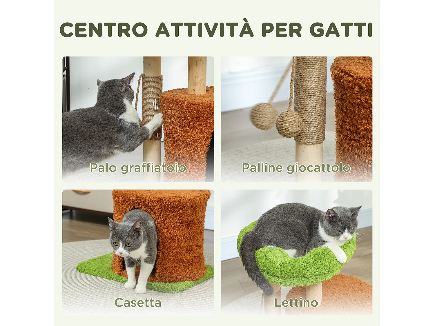 Albero tiragraffi per gatti con casetta, lettino e pallina verde