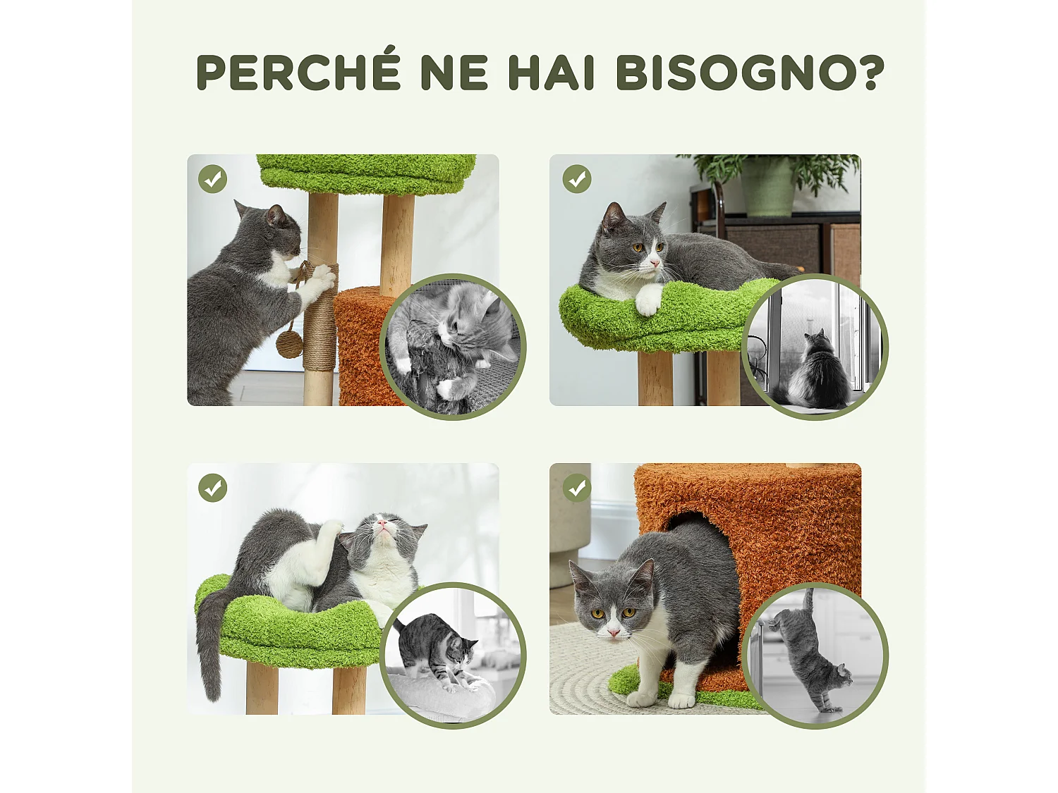 Albero tiragraffi per gatti con casetta, lettino e pallina verde