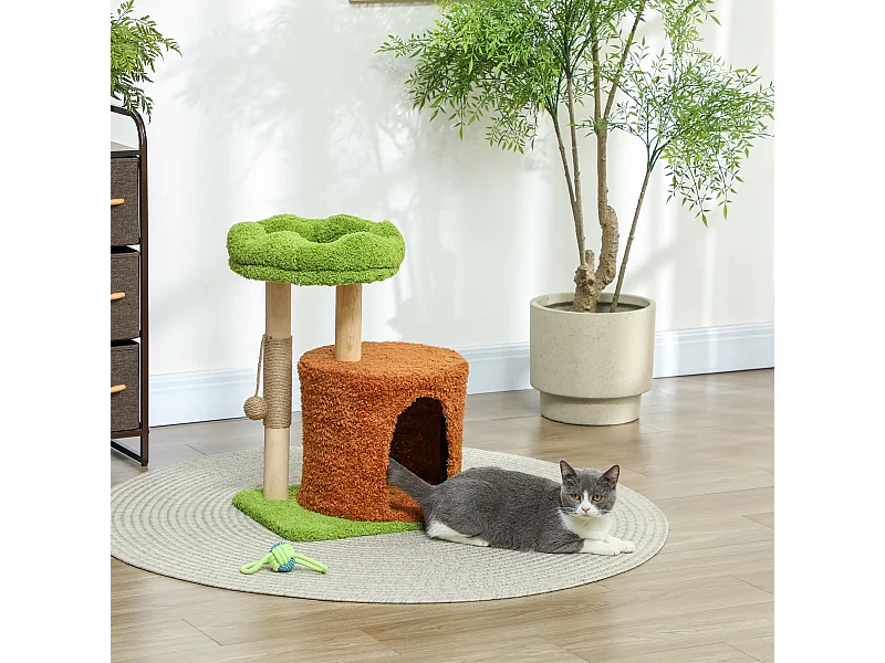 Albero tiragraffi per gatti con casetta, lettino e pallina verde