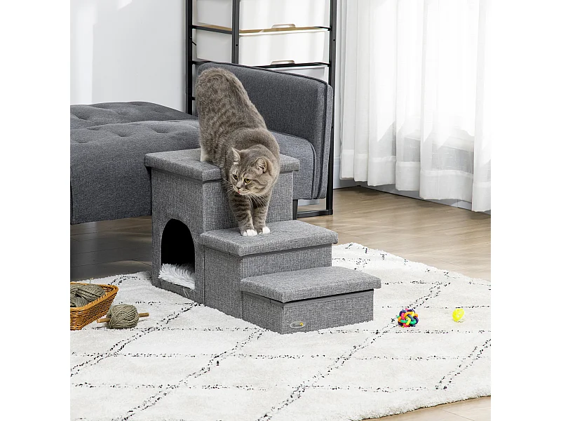 Scaletta per cani e gatti a 3 gradini con casetta e spazio portaoggetti