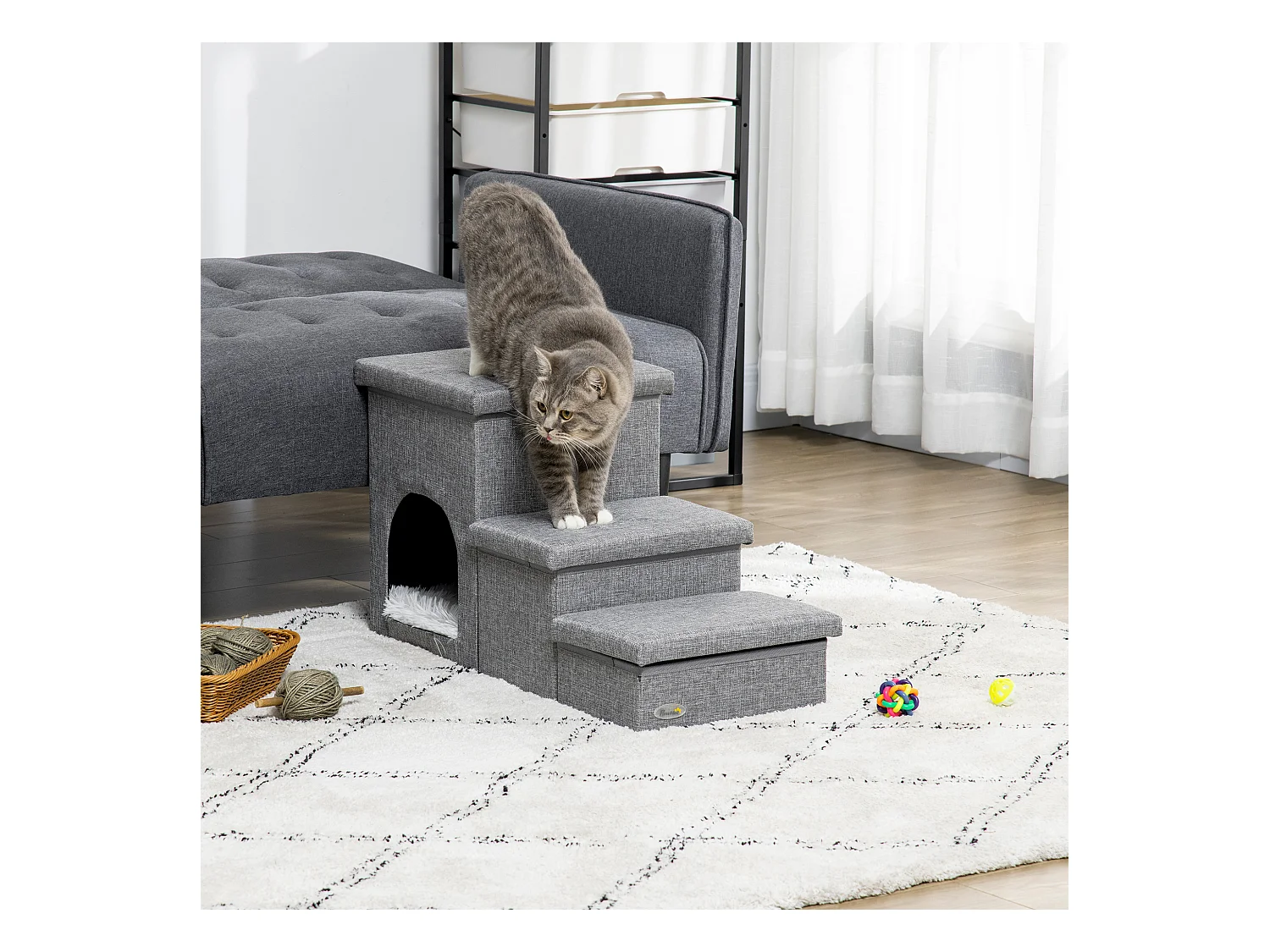 Scaletta per cani e gatti a 3 gradini con casetta e spazio portaoggetti