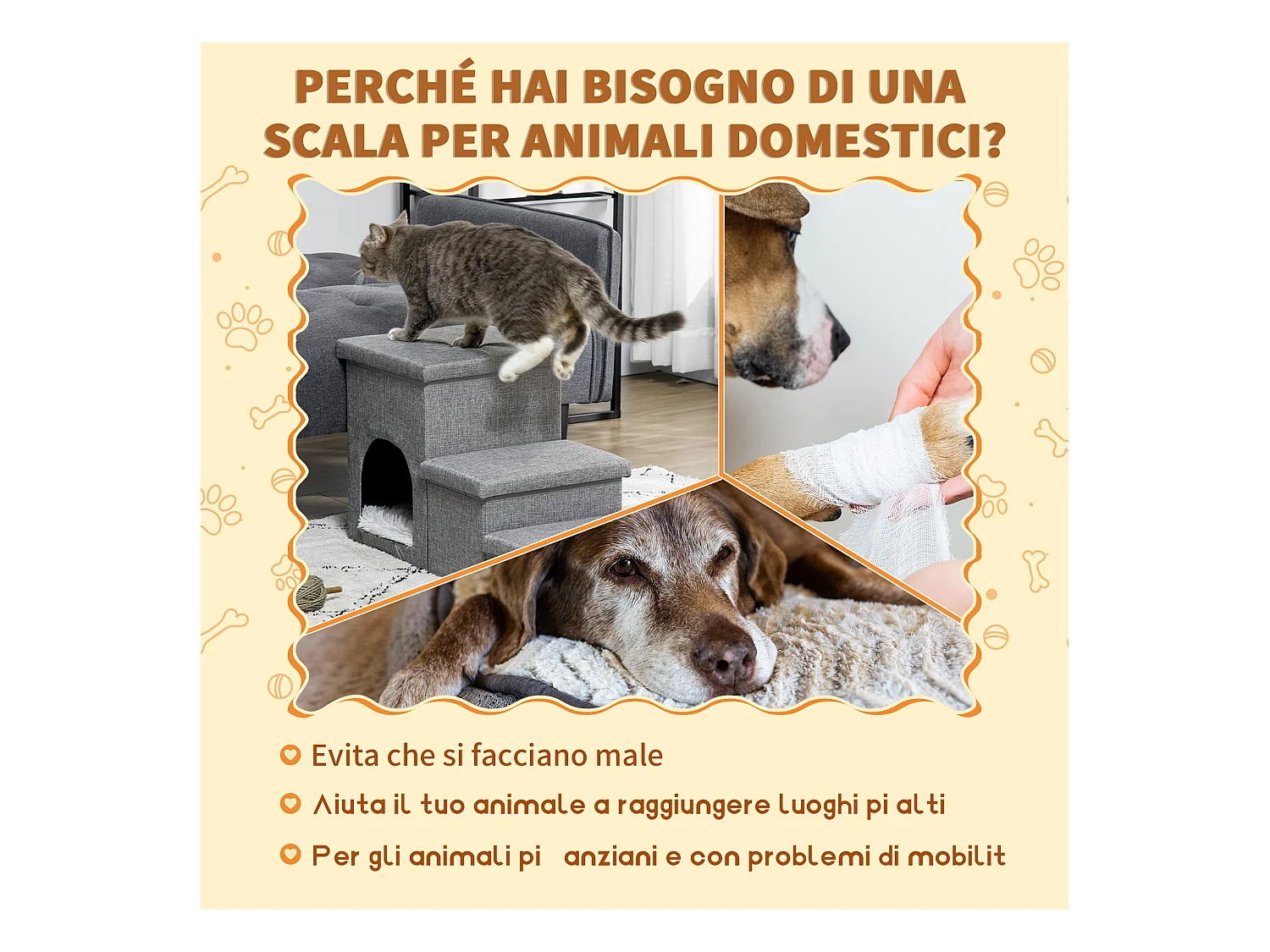 Scaletta per cani e gatti a 3 gradini con casetta e spazio portaoggetti
