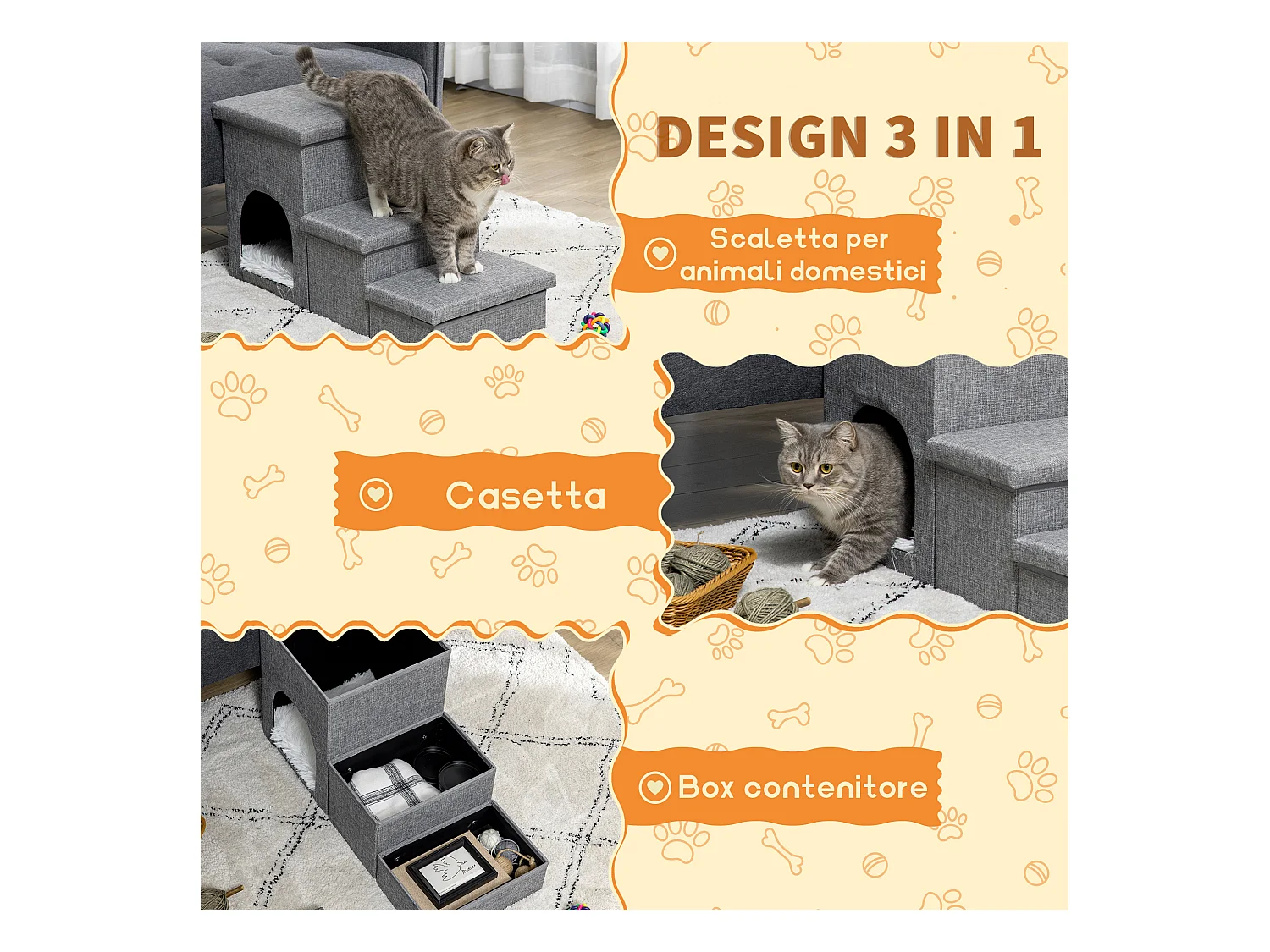 Scaletta per cani e gatti a 3 gradini con casetta e spazio portaoggetti