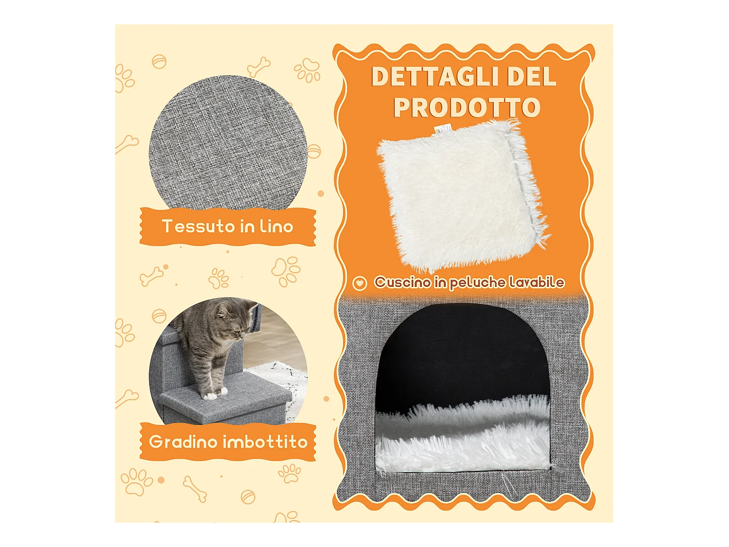 Scaletta per cani e gatti a 3 gradini con casetta e spazio portaoggetti