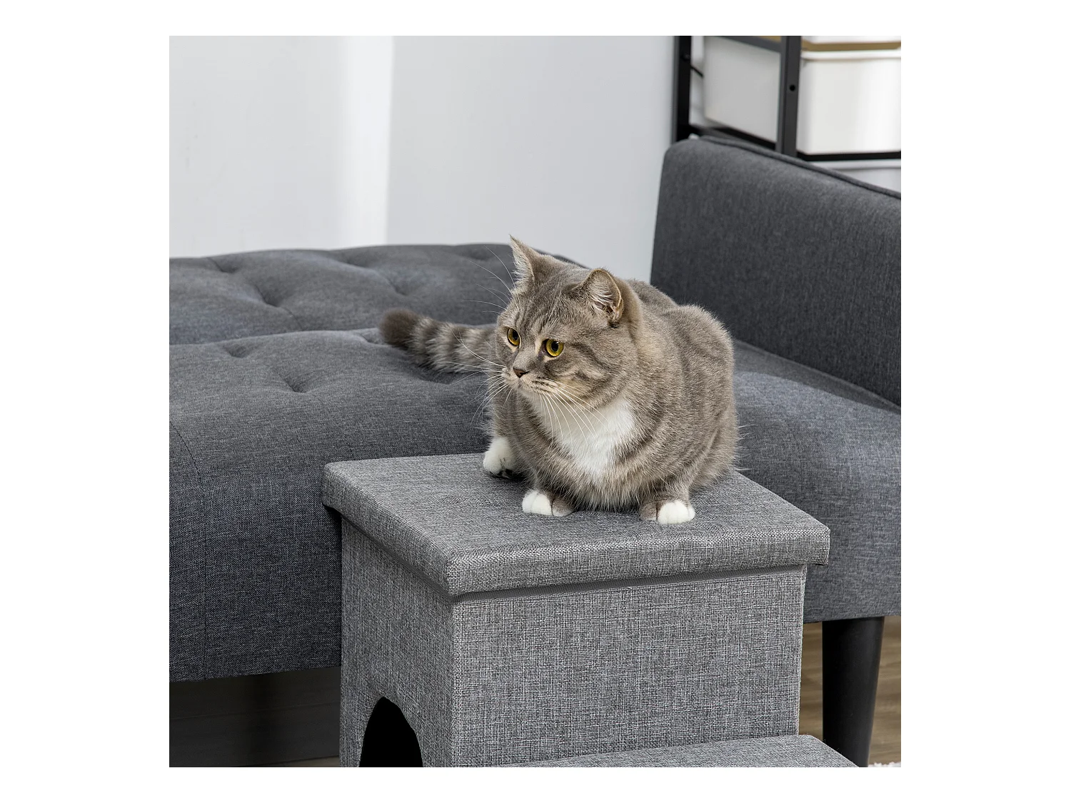 Scaletta per cani e gatti a 3 gradini con casetta e spazio portaoggetti