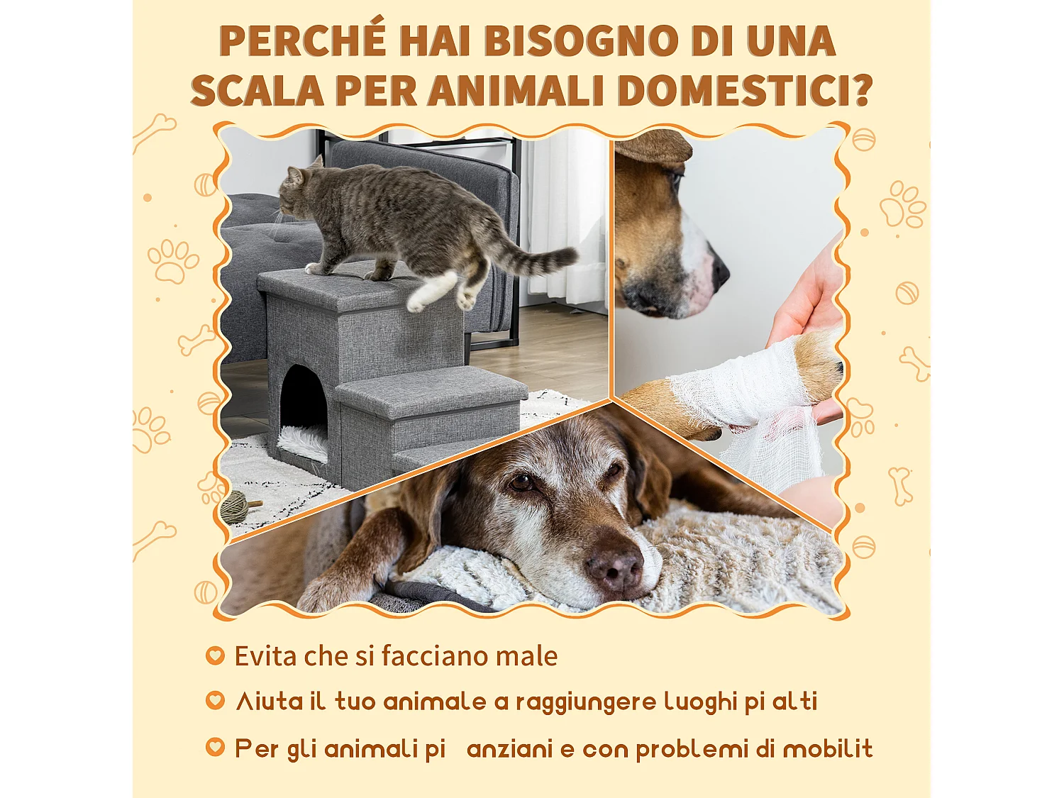 Scaletta per cani e gatti a 3 gradini con casetta e spazio portaoggetti