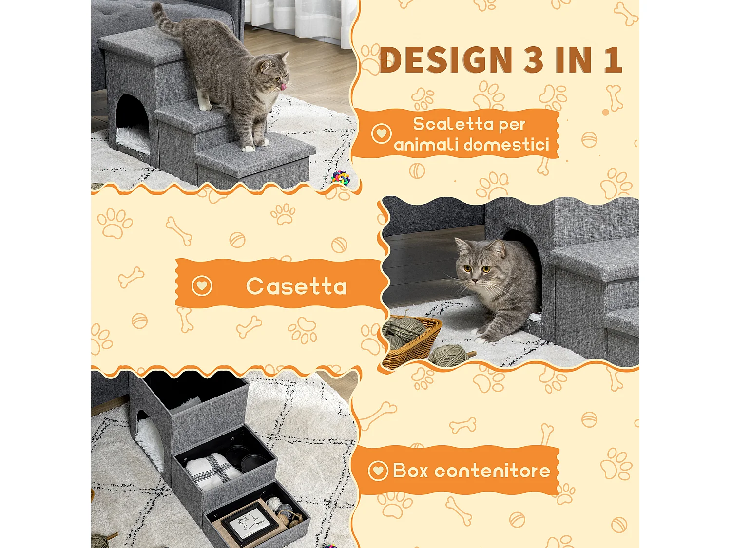 Scaletta per cani e gatti a 3 gradini con casetta e spazio portaoggetti