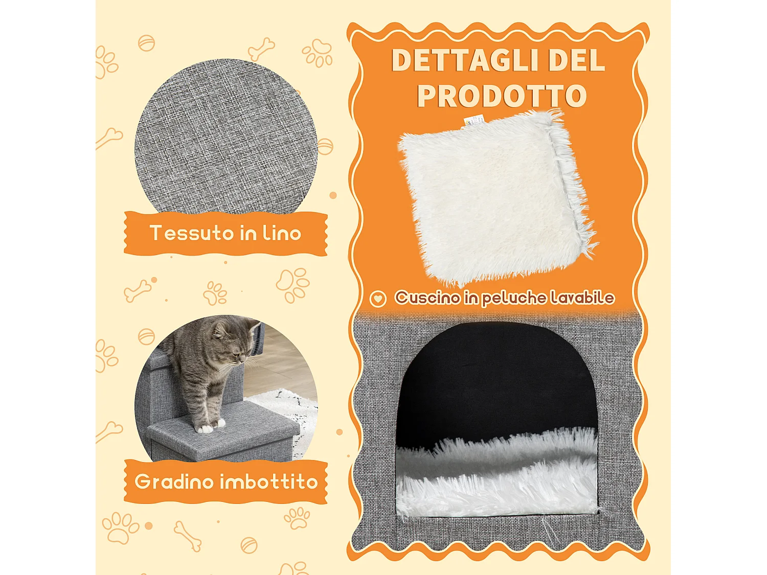 Scaletta per cani e gatti a 3 gradini con casetta e spazio portaoggetti