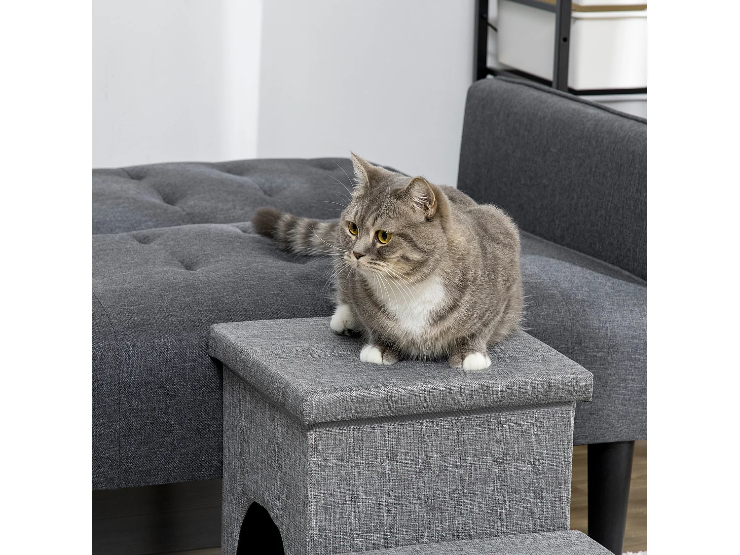 Scaletta per cani e gatti a 3 gradini con casetta e spazio portaoggetti