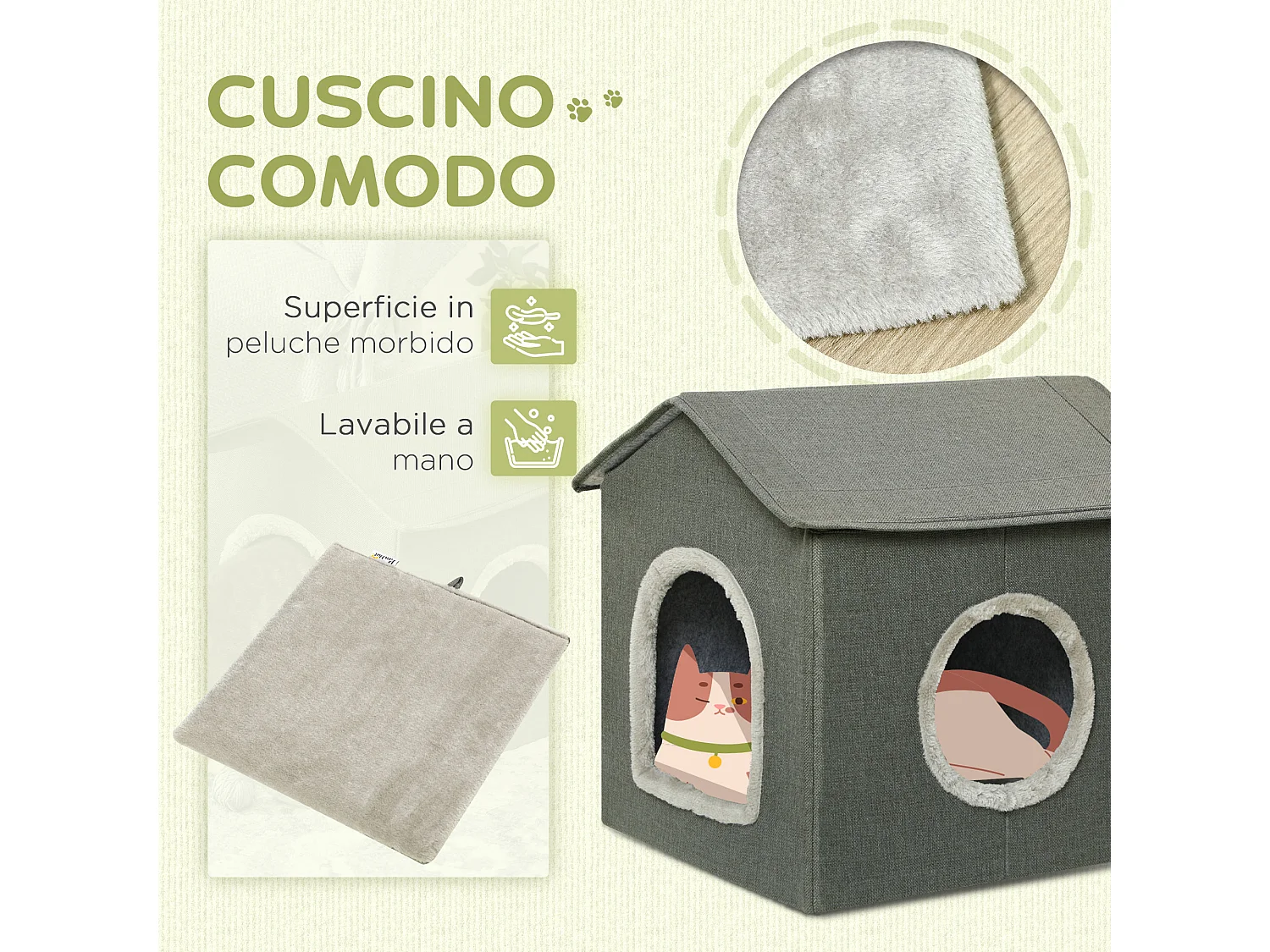 Casetta per gatti con cuscini lavabili 39x43.5x40.5 cm grigio