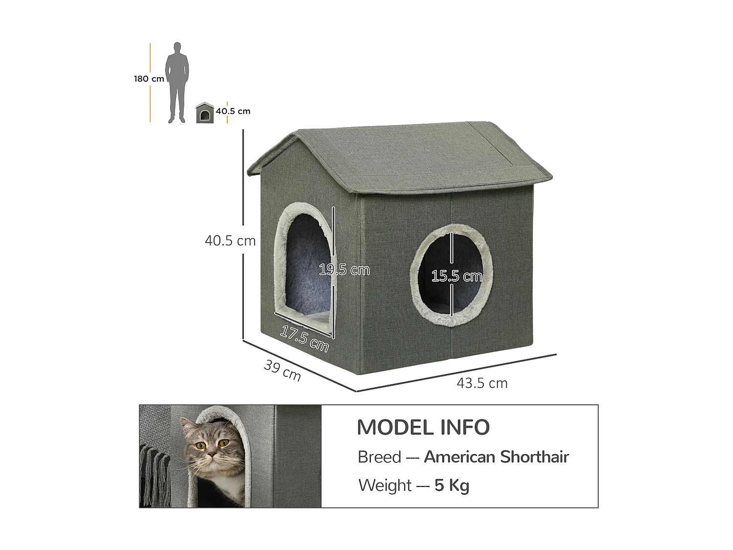 Casetta per gatti con cuscini lavabili 39x43.5x40.5 cm grigio