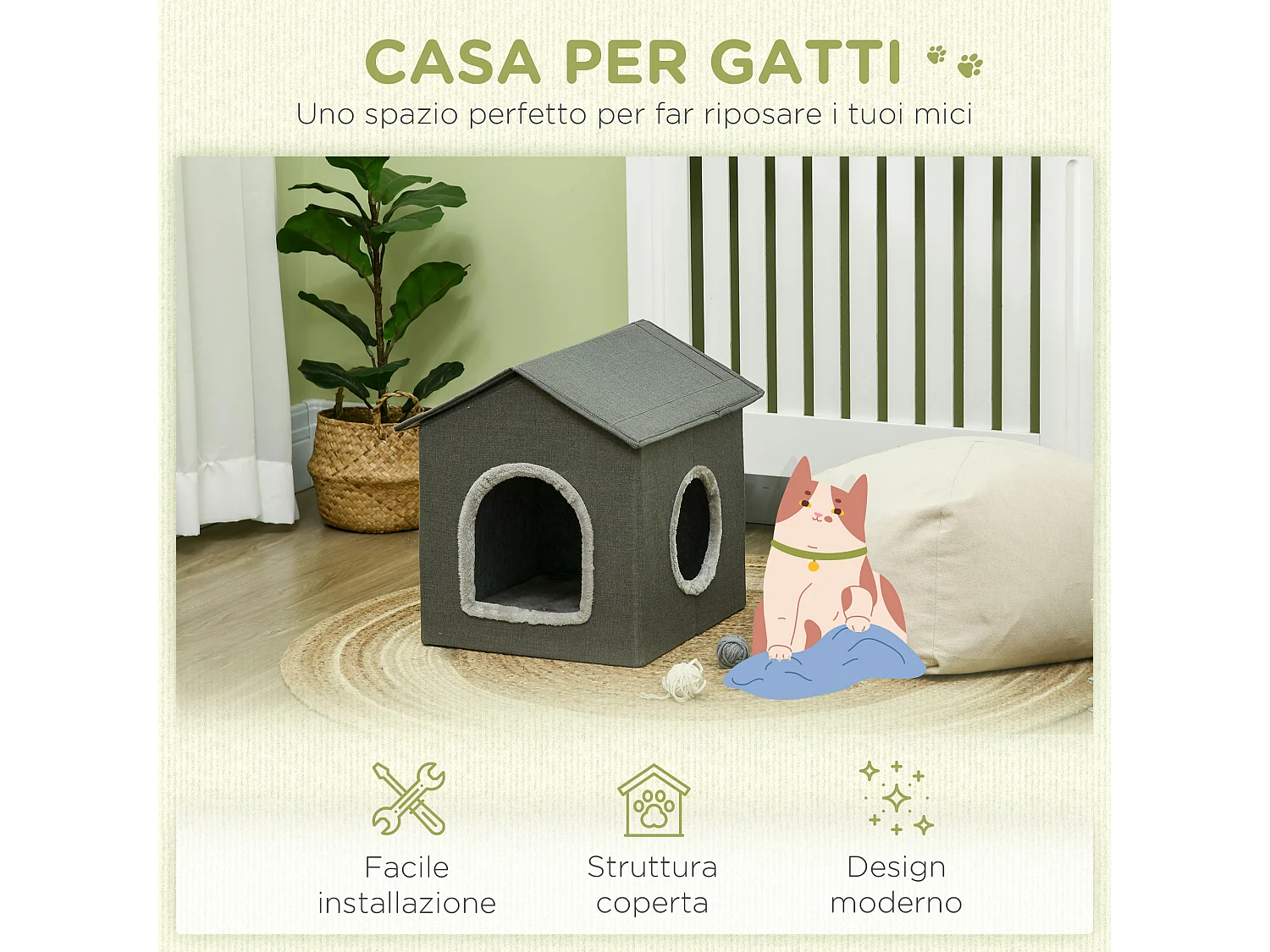 Casetta per gatti con cuscini lavabili 39x43.5x40.5 cm grigio