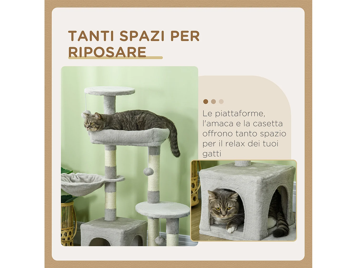 Tiragraffi per gatti in truciolato con casetta posatoi e trespoli