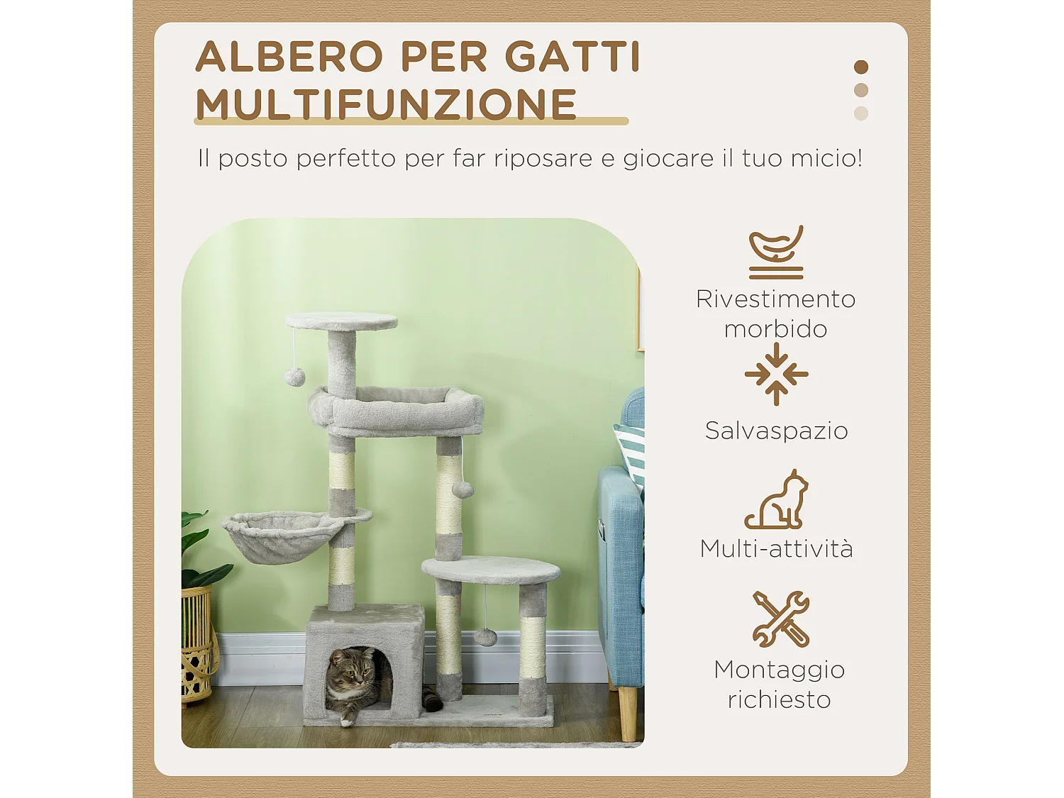 Tiragraffi per gatti in truciolato con casetta posatoi e trespoli