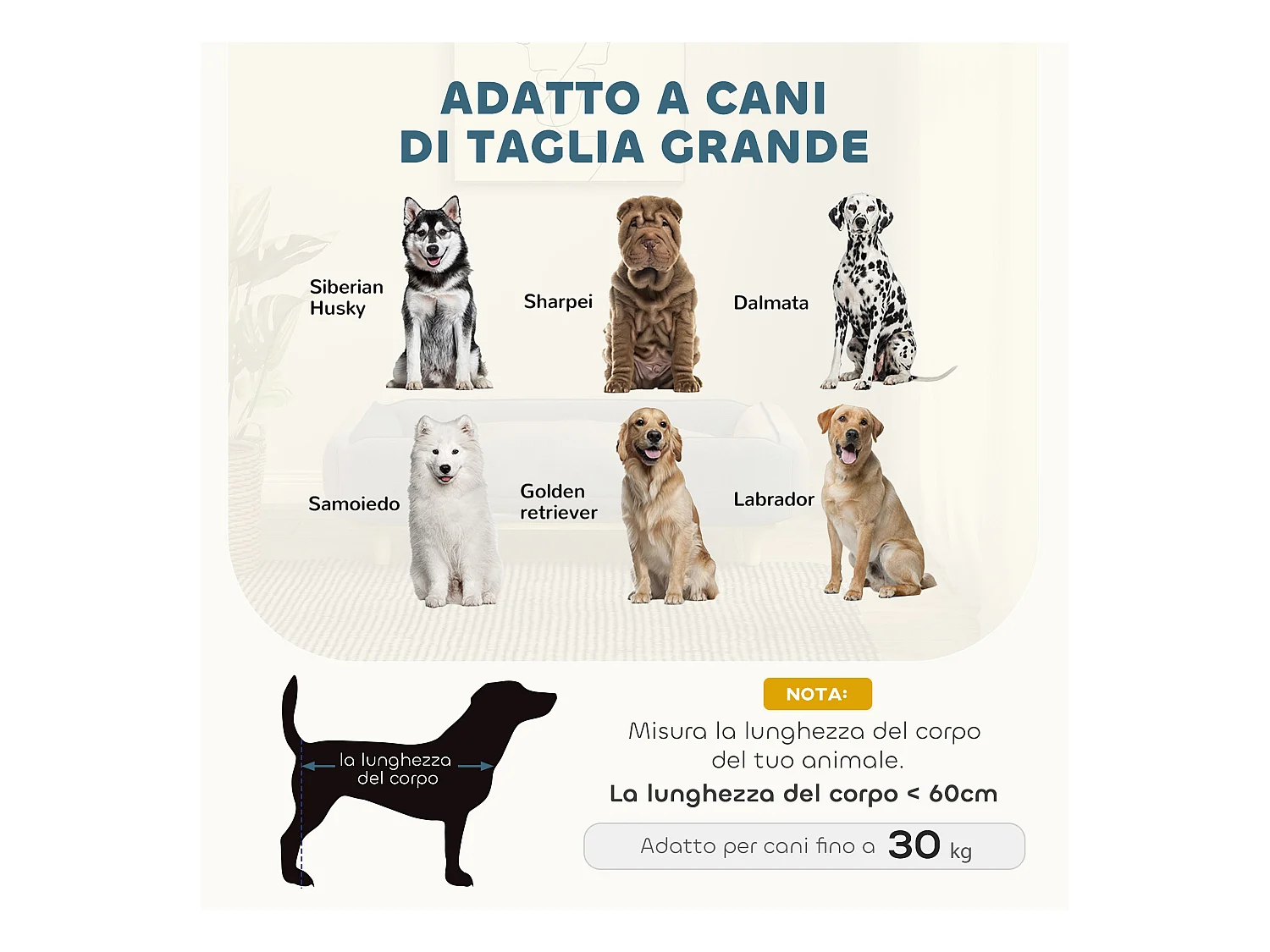 Divano per cani grandi fino 30 kg con cuscino rimovibile 96x66x24 cm blu