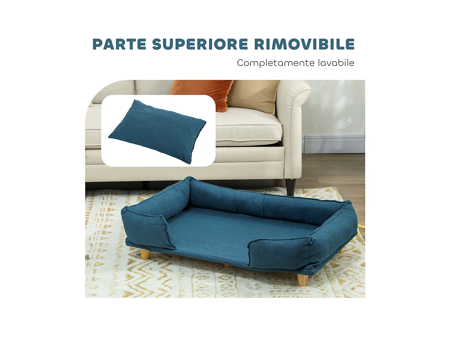 Divano per cani grandi fino 30 kg con cuscino rimovibile 96x66x24 cm blu