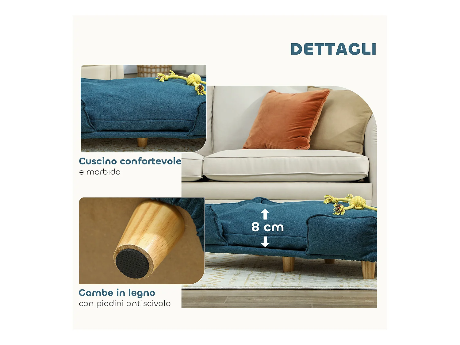 Divano per cani grandi fino 30 kg con cuscino rimovibile 96x66x24 cm blu